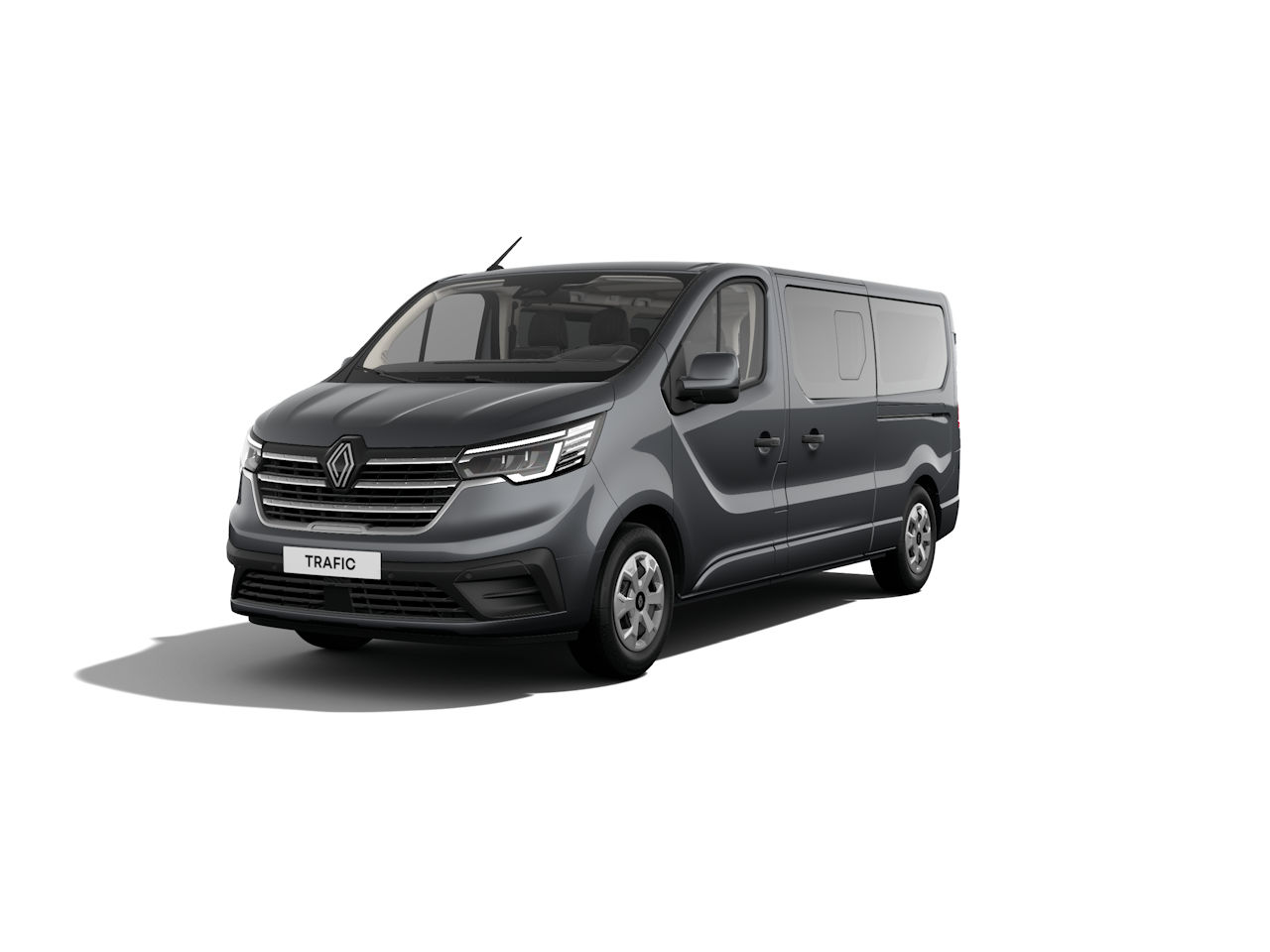 Renault Trafic Transporter in Metallic Grau, von vorne gezeigt, geeignet für gewerbliche Nutzung und Transport.