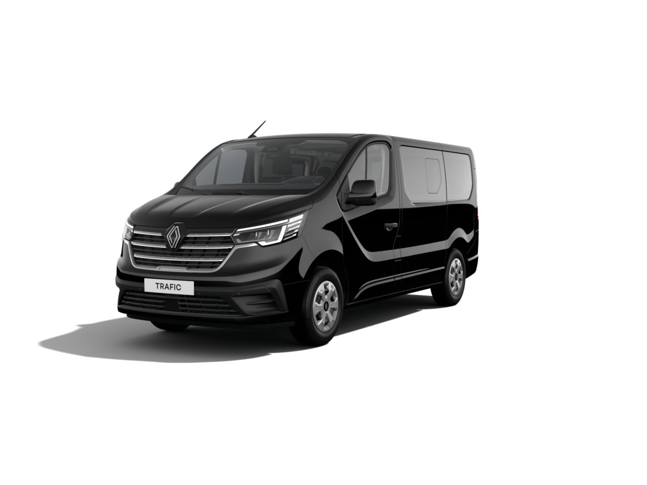 Schwarzer Renault Trafic Transporter, frontalansicht, auf weißem Hintergrund.