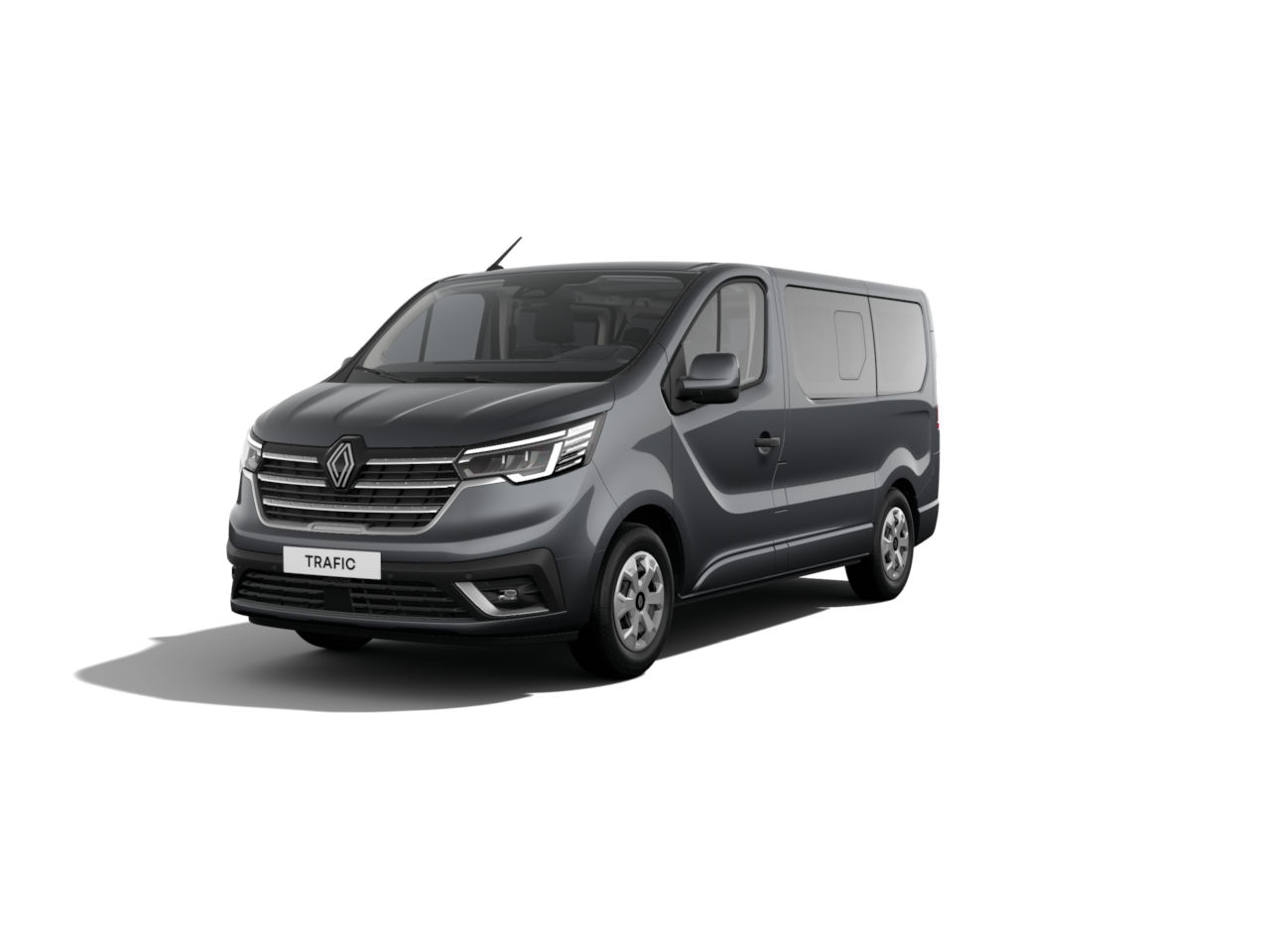 Renault Trafic in Grau, moderner Lieferwagen mit geräumigem Innenraum und komfortablem Design.