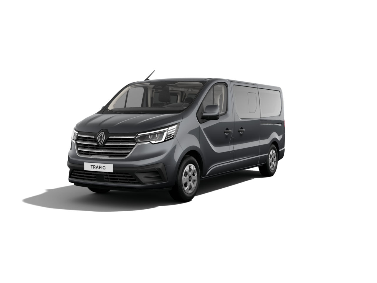 Renault Trafic: moderner, grauer Transporter mit komfortablem Innenraum, ideal für Gewerbe und Freizeit.