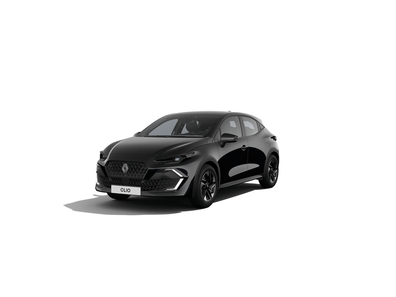 Schwarzer Renault Clio in 3/4-Ansicht auf weißem Hintergrund, sportliches Design und moderne Linien.