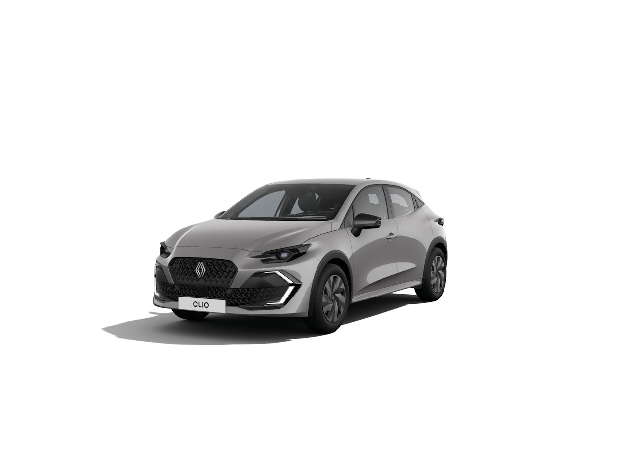 Renault Clio in grau, frontalansicht, modern und sportlich gestaltet, vor weißem Hintergrund.