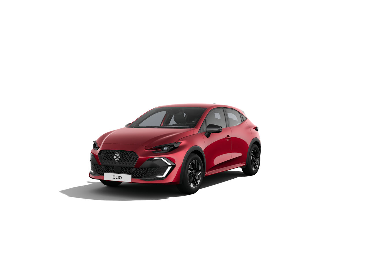 Roter Renault Clio, sportliches Design, frontal abgebildet auf weißem Hintergrund.