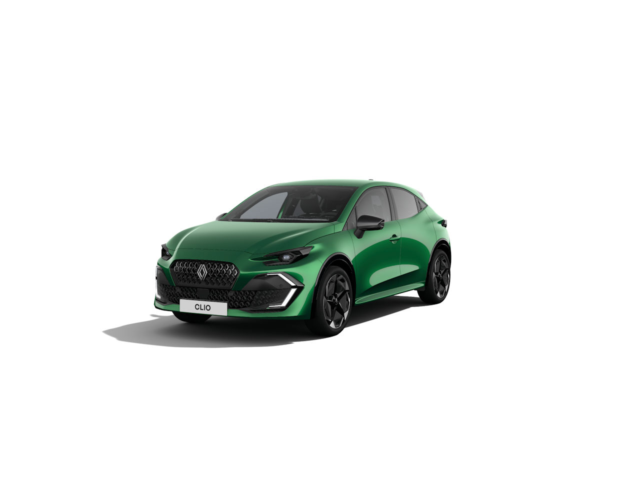 Renault Clio in leuchtendem Grün, sportliches Design mit schwarzen Akzenten, frontalansicht.