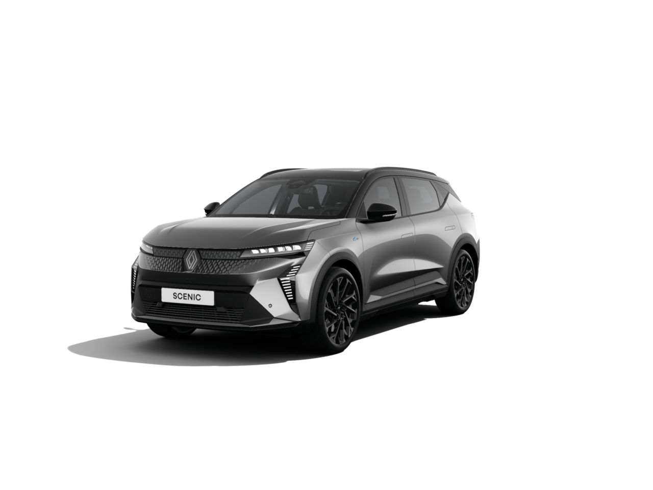 Der Renault Scenic in Metallic-Schwarz, sportliches Design, Frontansicht auf weißem Hintergrund.