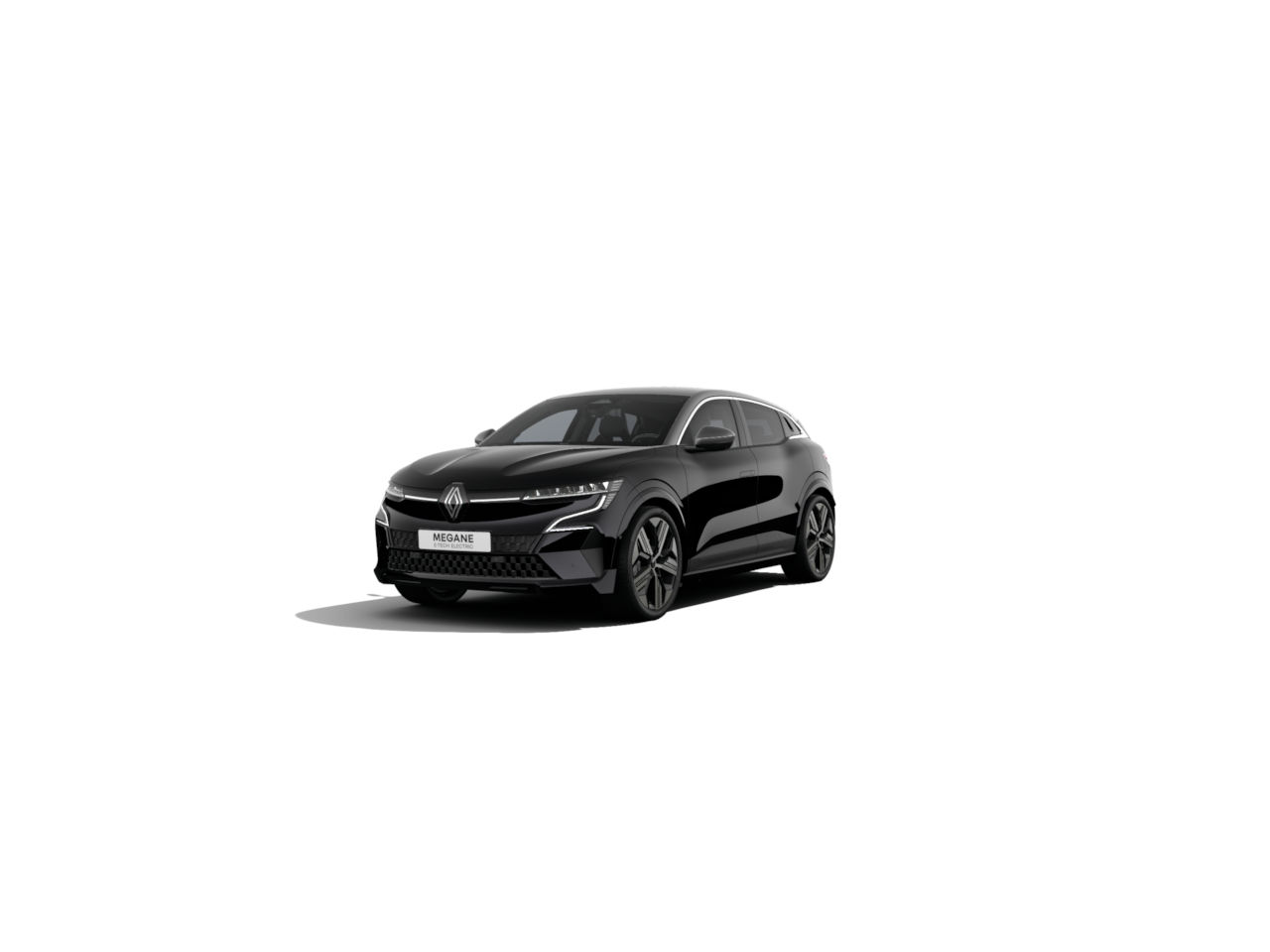 Schwarzer Renault Megane in einer Studioaufnahme auf weißem Hintergrund, modern und elegant designet.