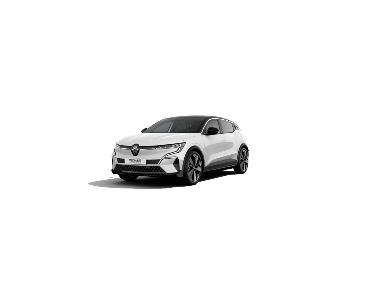 Ein weißer Renault Megane in sportlichem Design, von vorne links sichtbar.