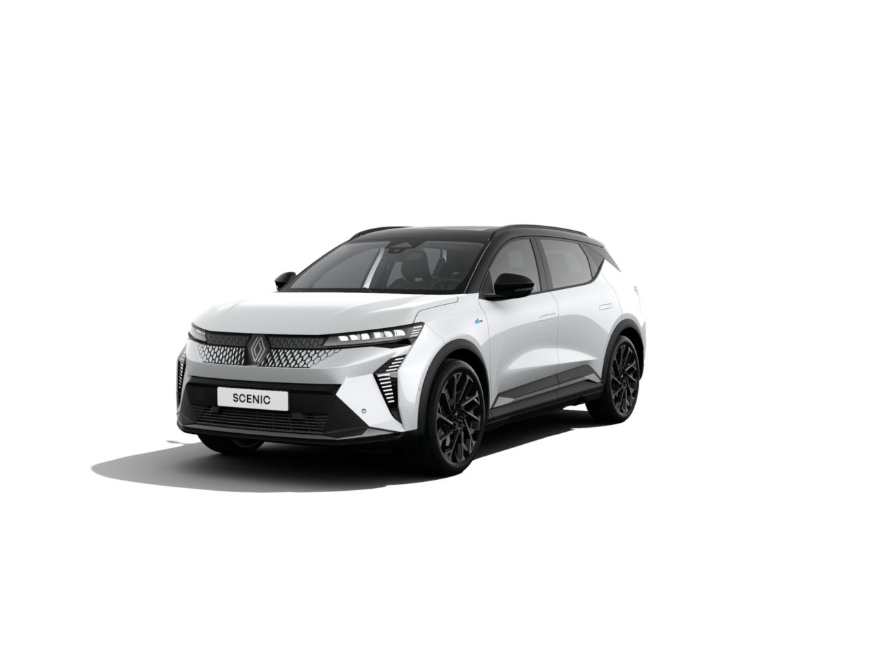 Ein weißer Renault Scenic mit sportlichem Design, schwarzem Dach und modernen LED-Scheinwerfern auf weißem Hintergrund.