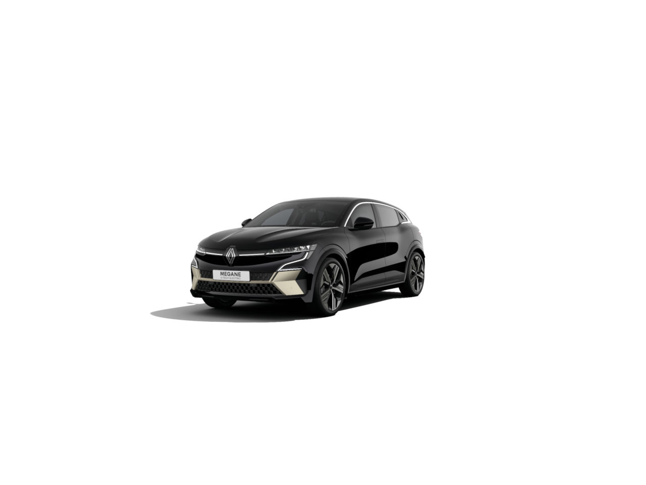 Ein schwarzes Renault Mégane Fahrzeug im Vordergrund auf einem weißen Hintergrund, moderne Gestaltung.