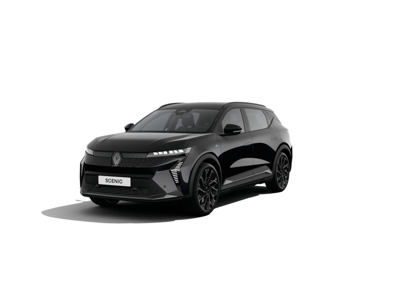 Schwarzer Renault Scenic SUV, frontalansicht mit modernem Design und markanter Beleuchtung, auf weißem Hintergrund.