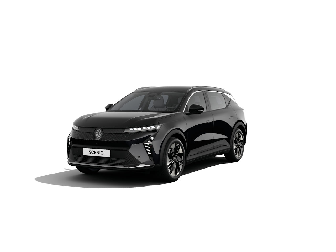 Schwarzer Renault Scenic, moderner SUV mit eleganten Linien und LED-Scheinwerfern, auf einem weißen Hintergrund.