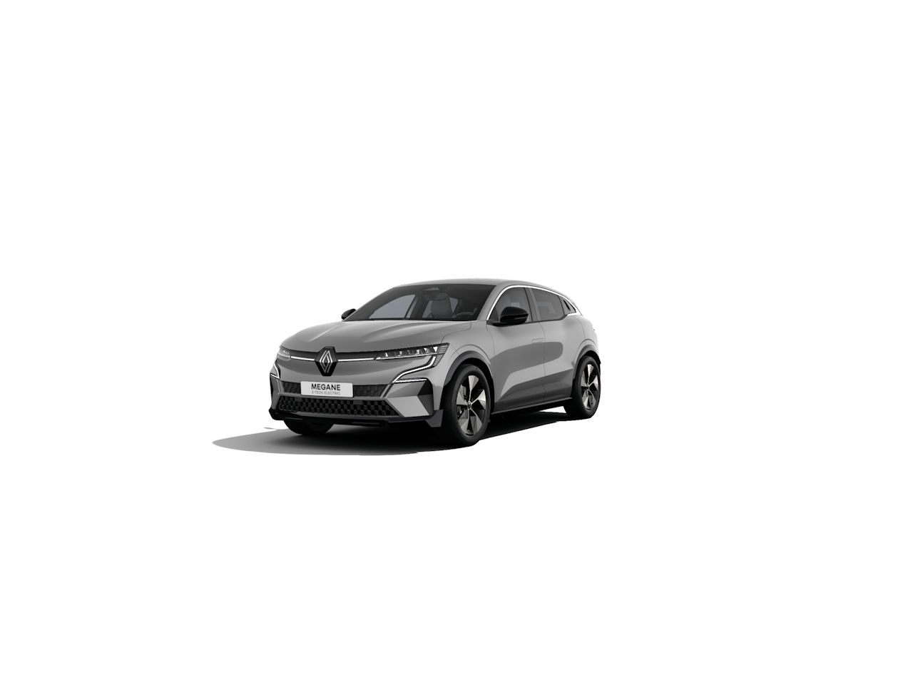 Renault Megane, ein moderner Kompakt-SUV in Grau mit futuristischem Design, frontal abgebildet.
