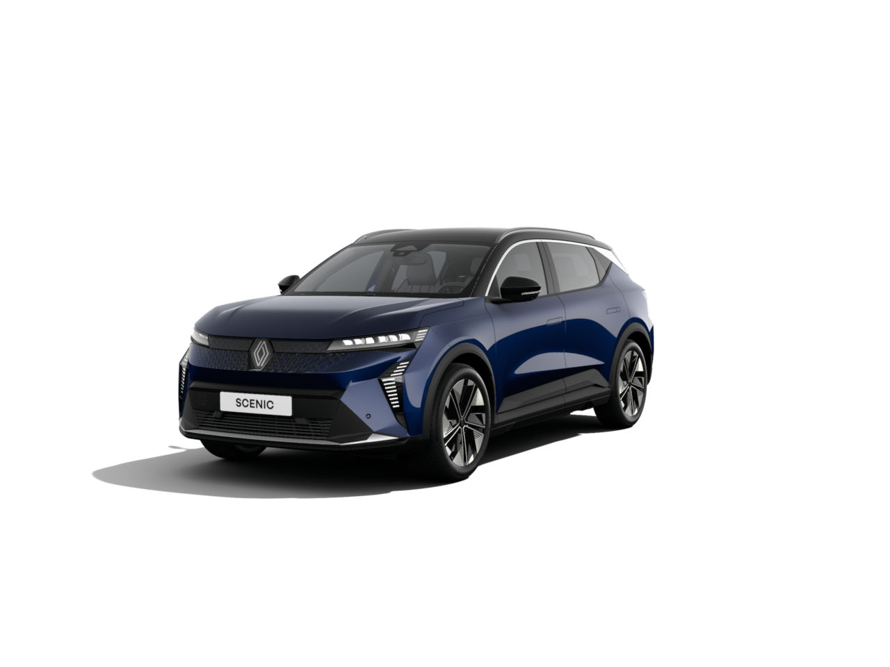 Blauer Renault Scenic SUV, frontansicht, modernes Design, auf weißem Hintergrund.