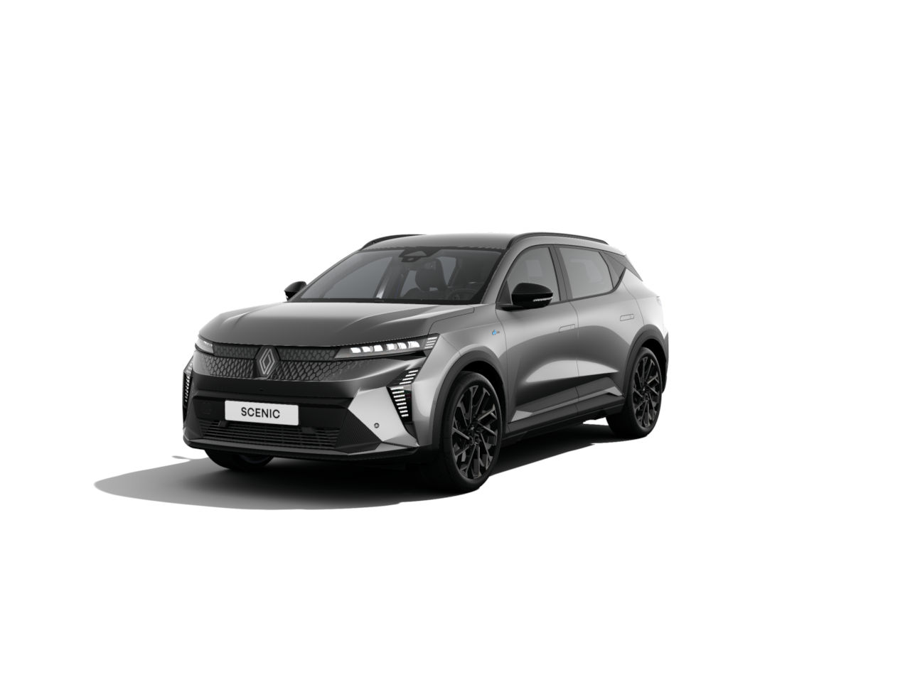 Renault Scenic, moderner SUV in Grau, präsentiert von der Vorderansicht auf einem weißen Hintergrund.
