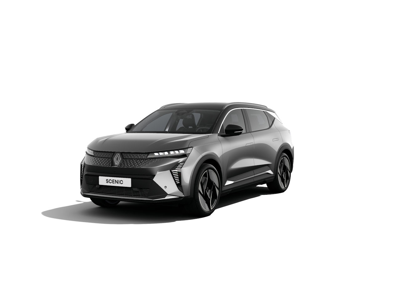 Ein moderner Renault Scenic in einem eleganten grauen Finish, auf einem weißen Hintergrund.