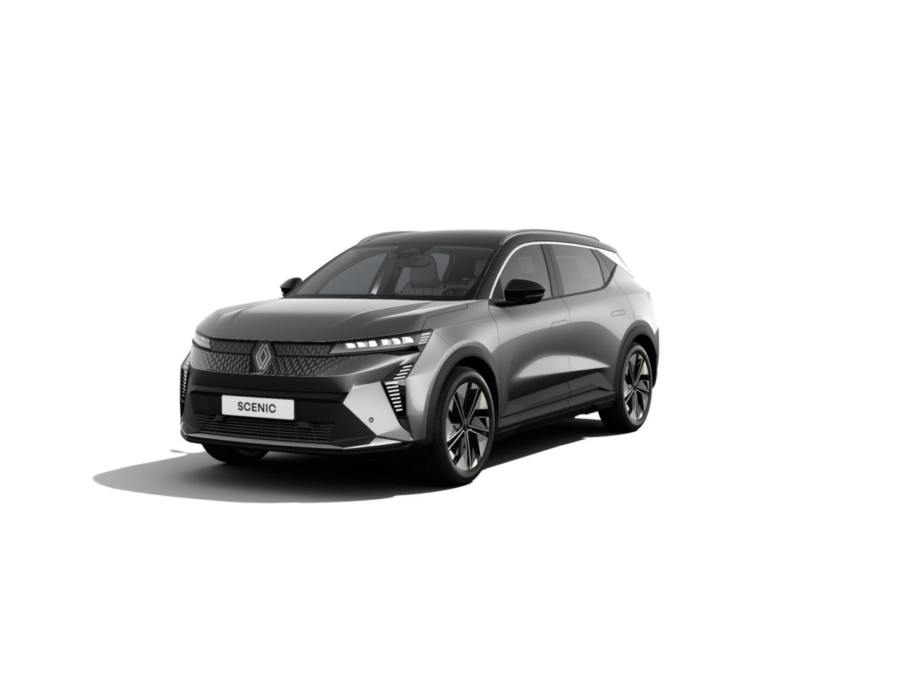 Renault Scenic in Grau mit modernem Design, vorne links angezeigt, auf weißem Hintergrund.