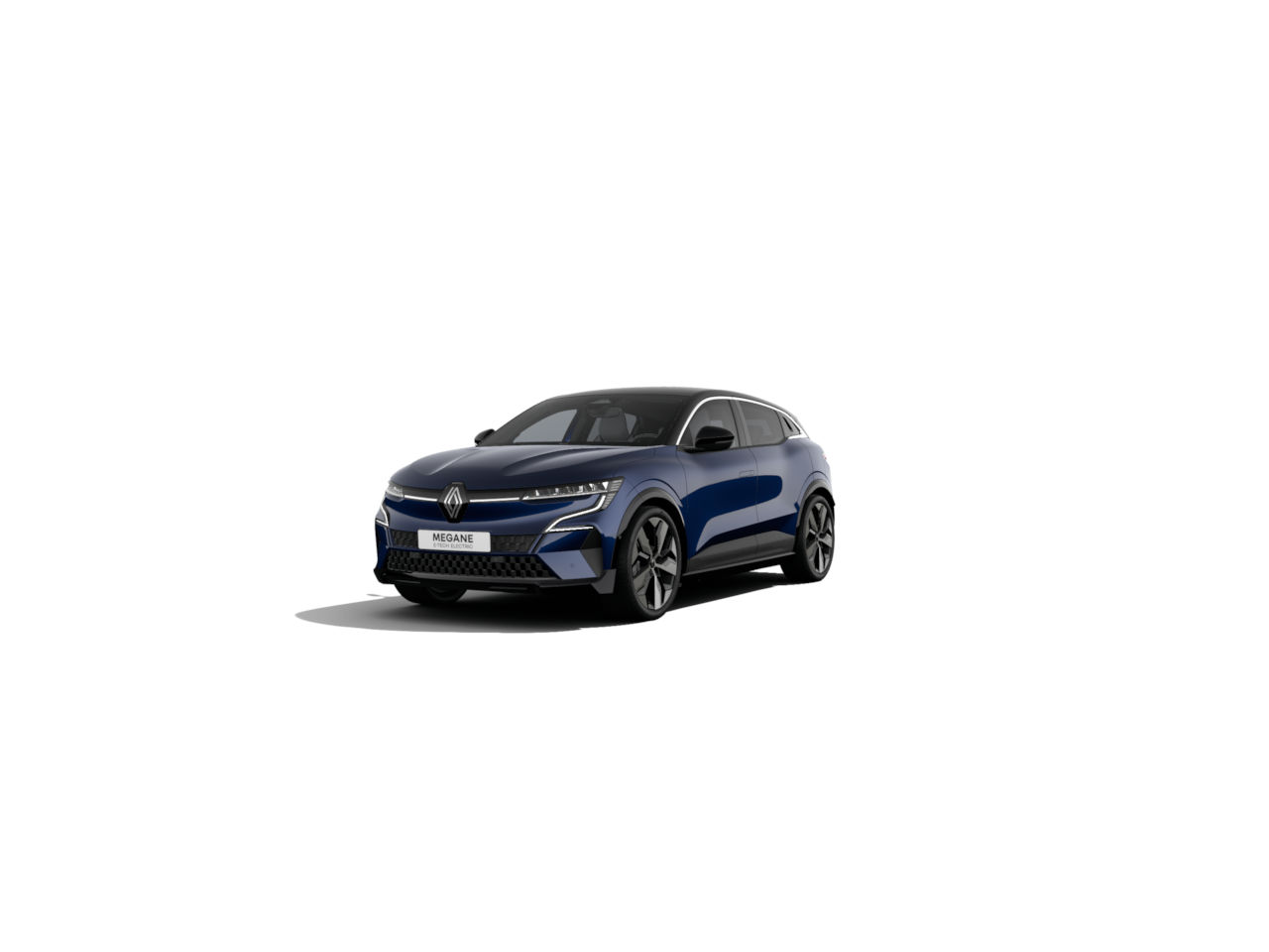 Renault Megane in blauer Farbe, futuristisches Design, vor neutralem Hintergrund.