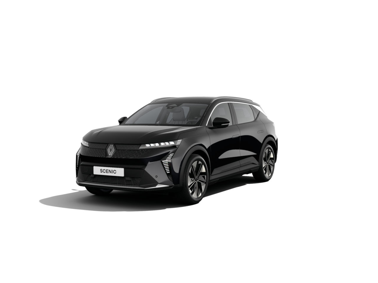 Schwarzer Renault Scenic SUV, frontalansicht mit modernem Design und sportlichen Linien.
