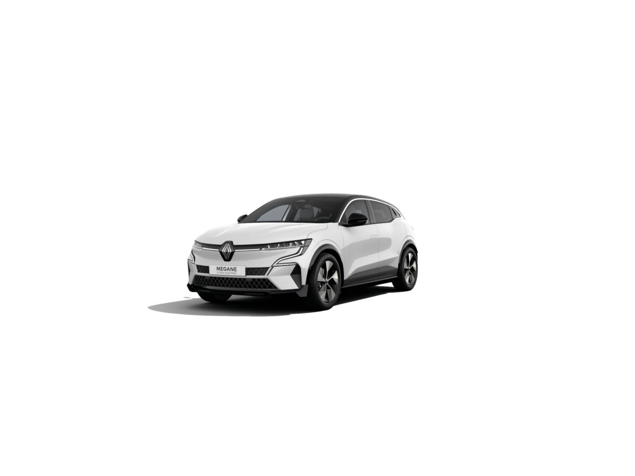 Weißer Renault Mégane, moderner SUV, zeigt sportliches Design auf einem weißen Hintergrund.