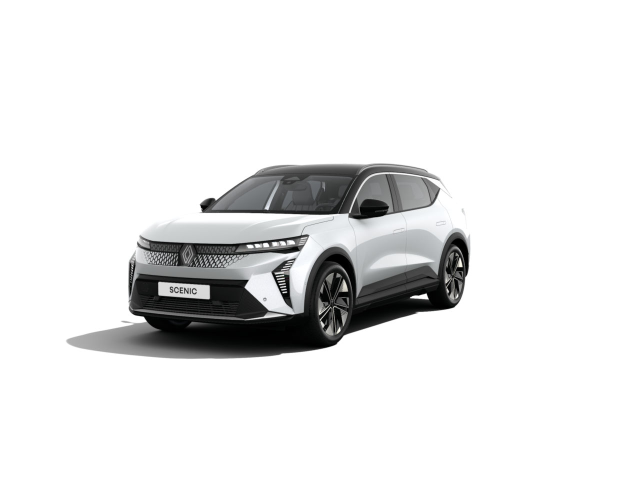 Ein weißer Renault Scenic SUV mit modernem Design vor neutralem Hintergrund.