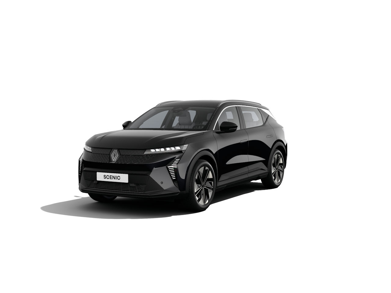 Schwarzer Renault Scenic, modernes SUV-Design, sportliche Linienführung, vorne rechts sichtbar.