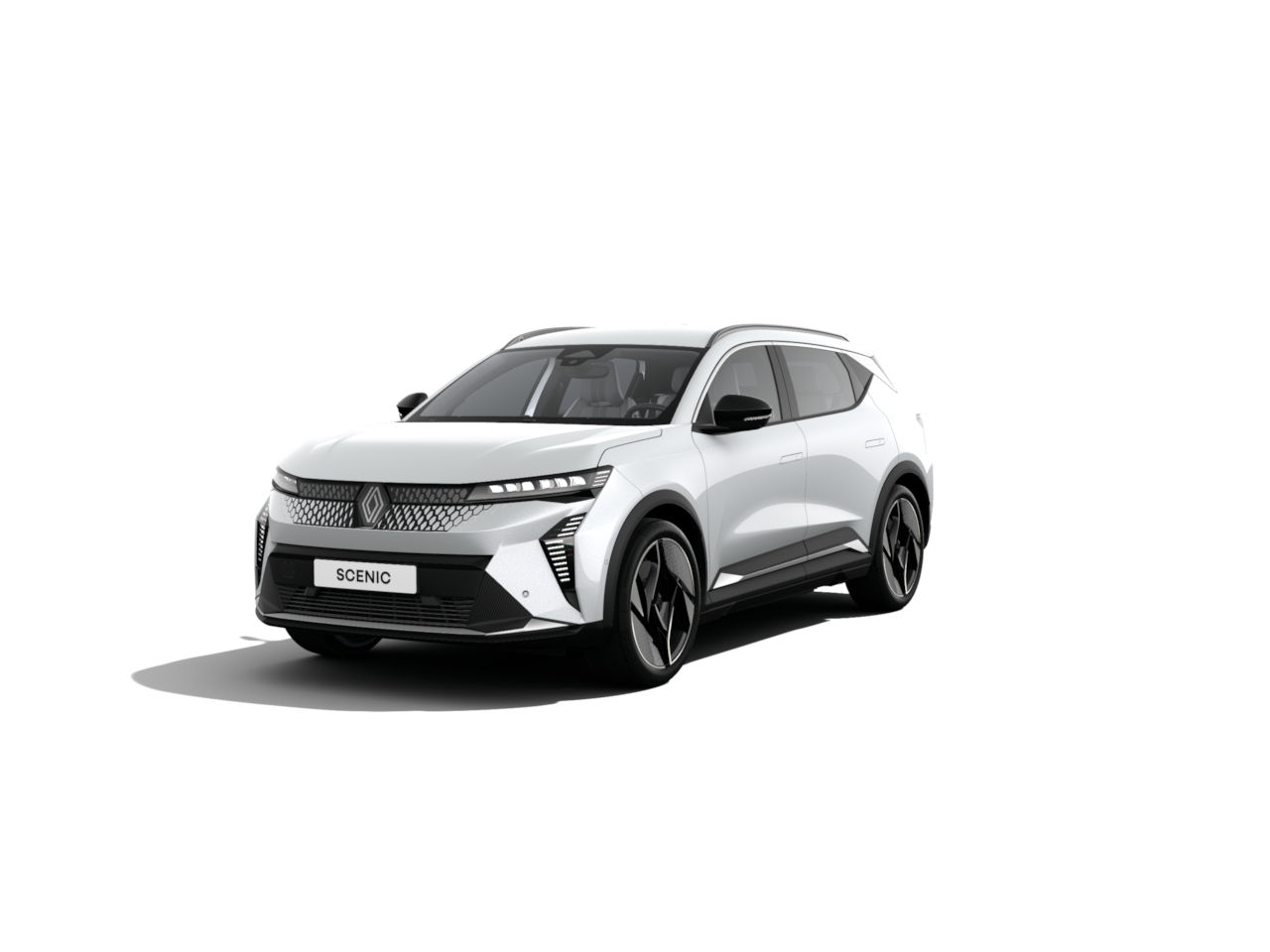 Weißer Renault Scenic SUV im Frontansicht auf weißem Hintergrund, modern und elegant gestaltet.