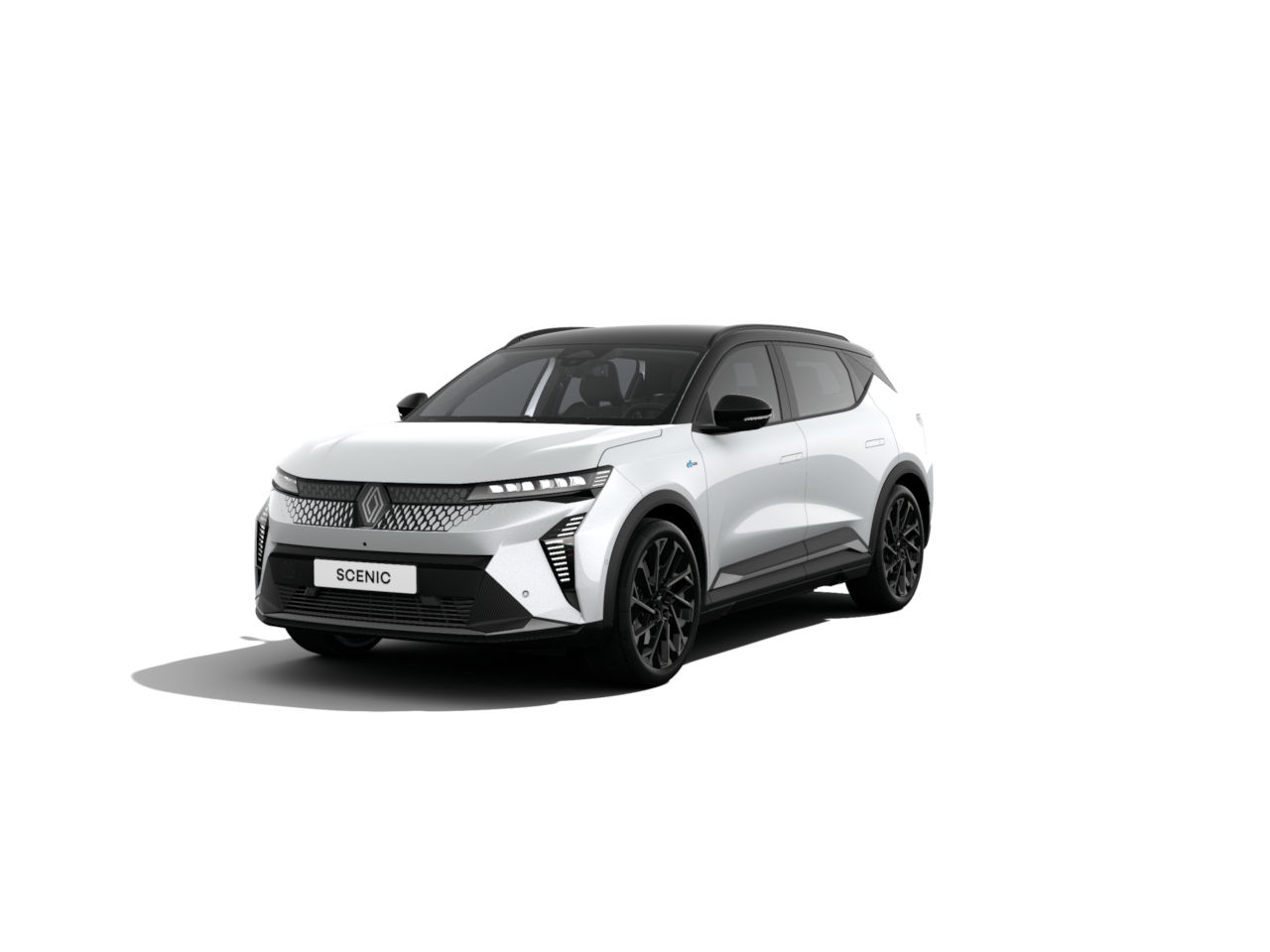 Der Renault Scenic in Weiß mit sportlichem Design und schwarzen Akzenten, vorne angedeutet auf weißem Hintergrund.