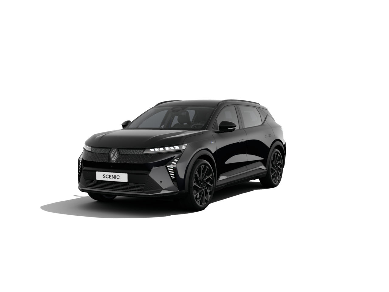 Schwarzer Renault Scenic, Vorderansicht, modernes Design, SUV-ähnlich, in einem neutralen Hintergrund.