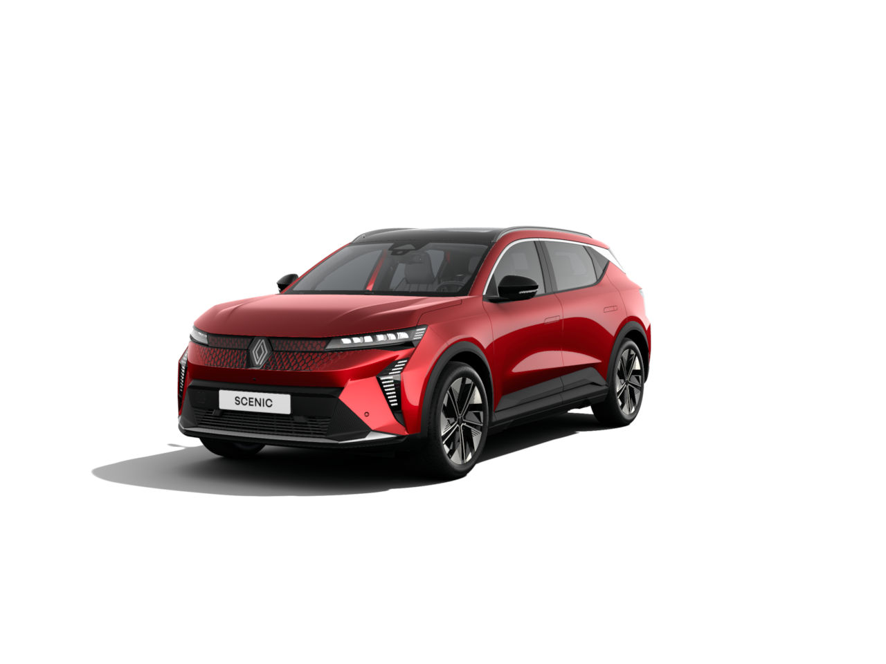 Roter Renault Scenic SUV, moderne Frontansicht, stilvolles Design, ideal für Familien.