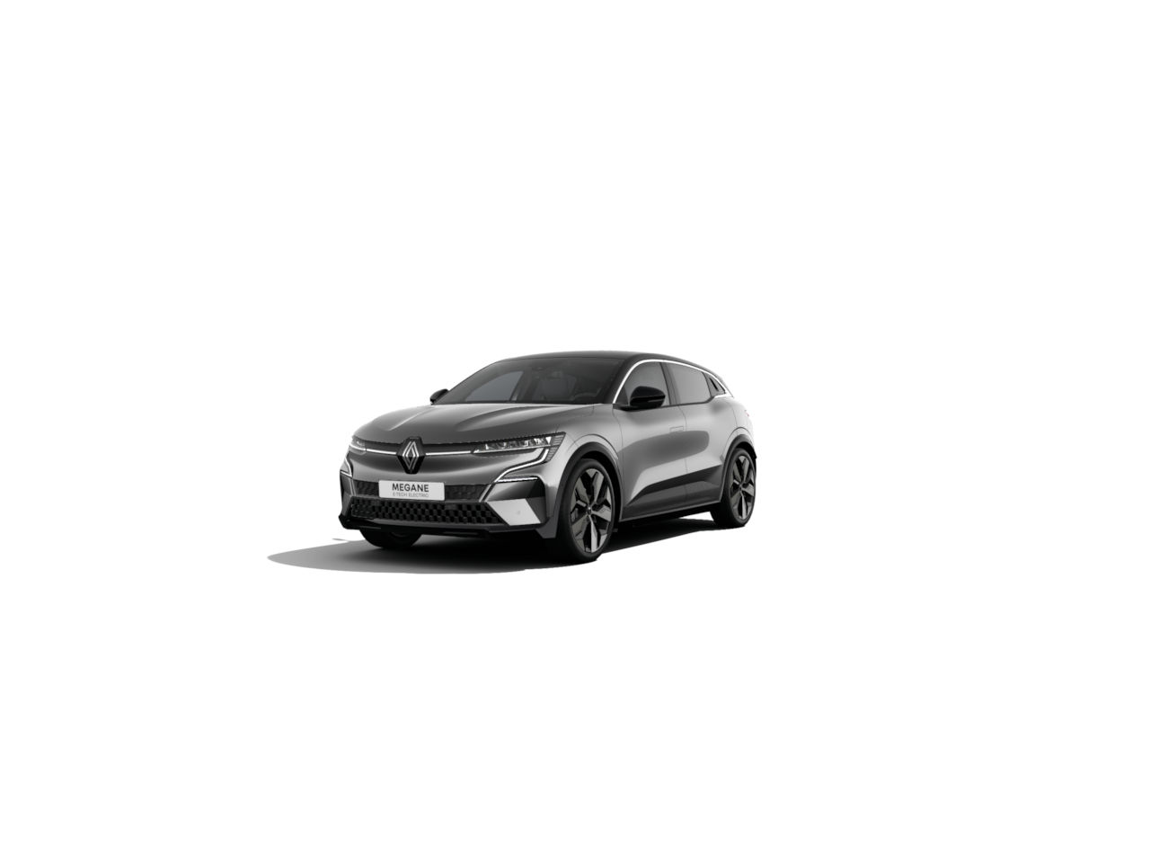 Renault Megane in Grau, sportliche Linien, modernen Stil. Frontansicht des Kompaktwagens.