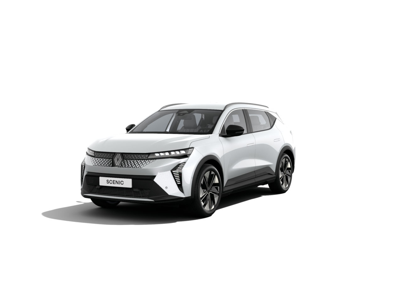 Weißer Renault Scenic SUV, moderne Front, elegante Linien, präsentiert auf weißem Hintergrund.