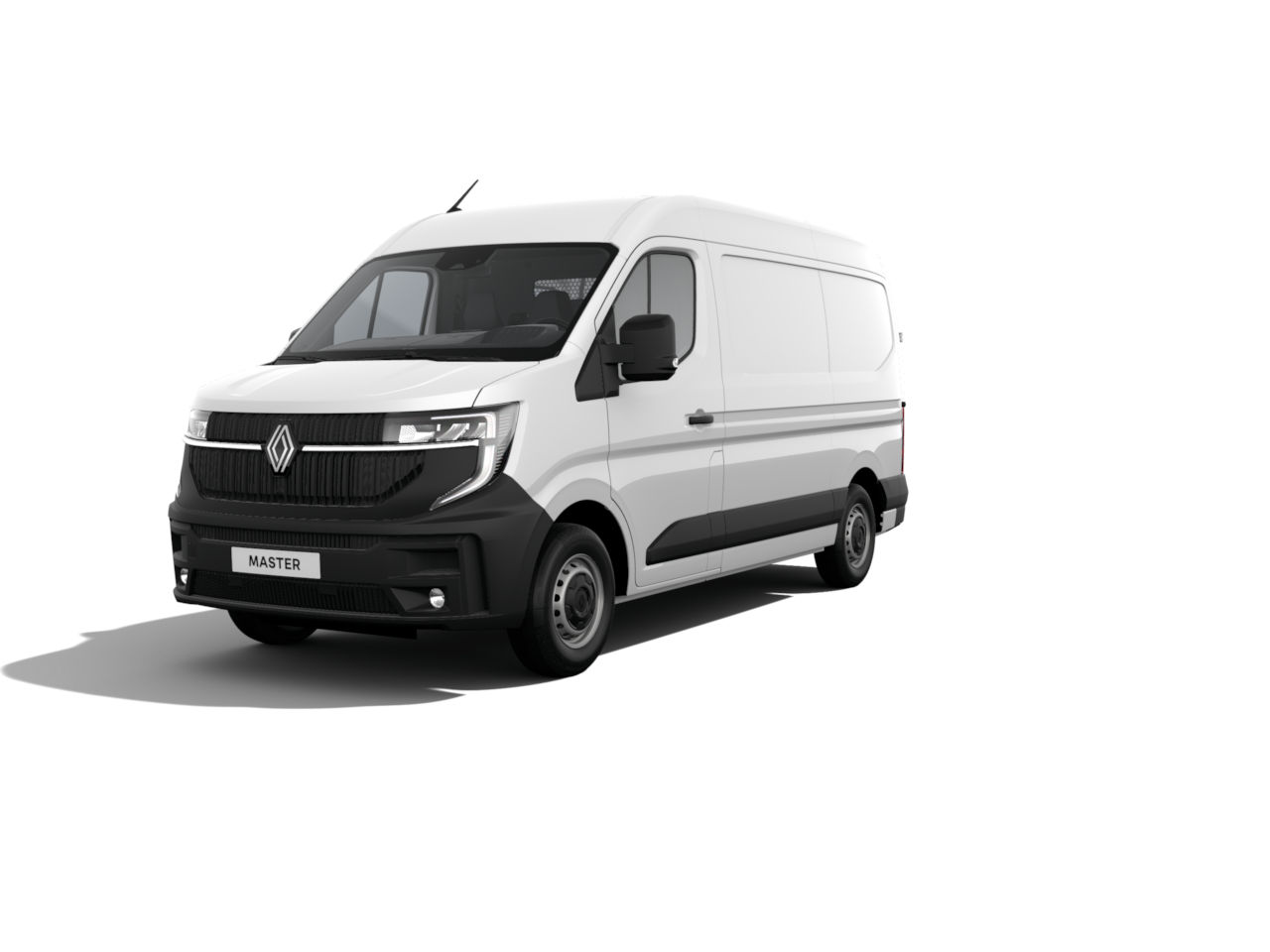 Weißer Renault Master Transporter, frontalansicht, auf weißem Hintergrund.