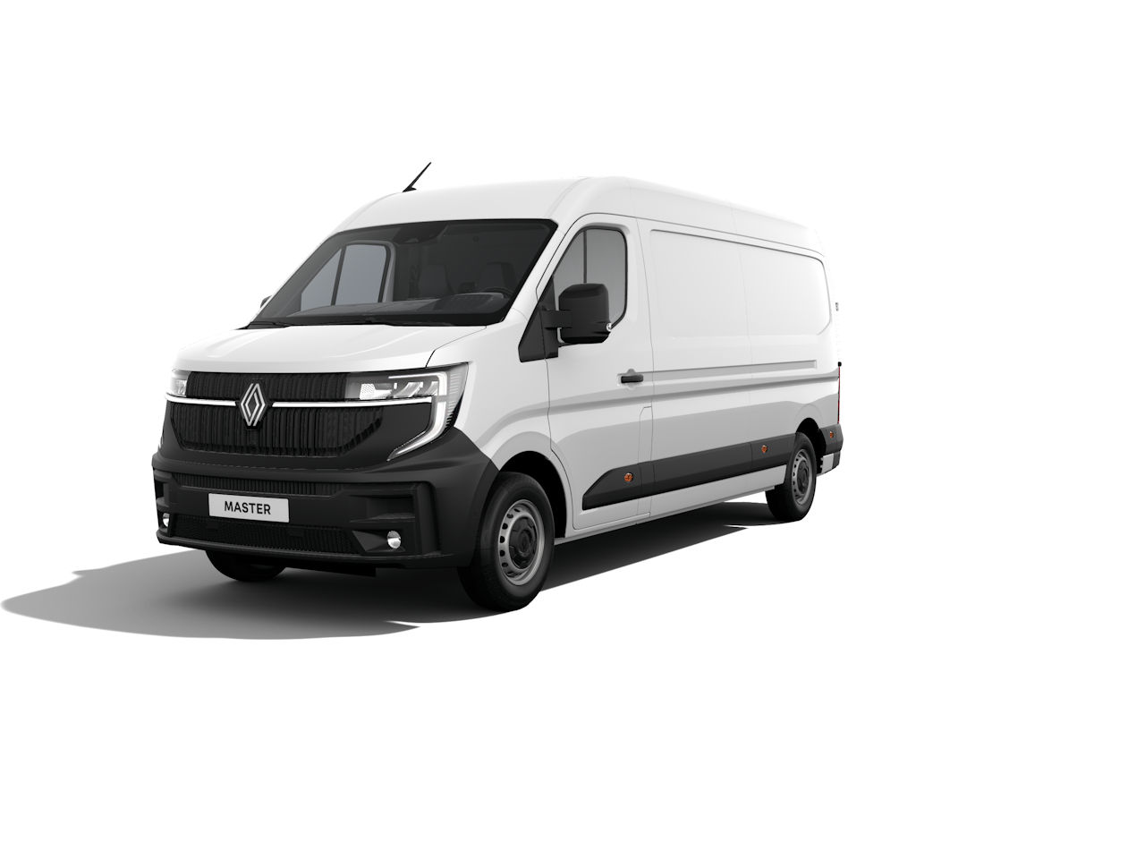 Weißer Renault Master Transporter mit schwarzem Frontgrill im 3/4 Blickwinkel.