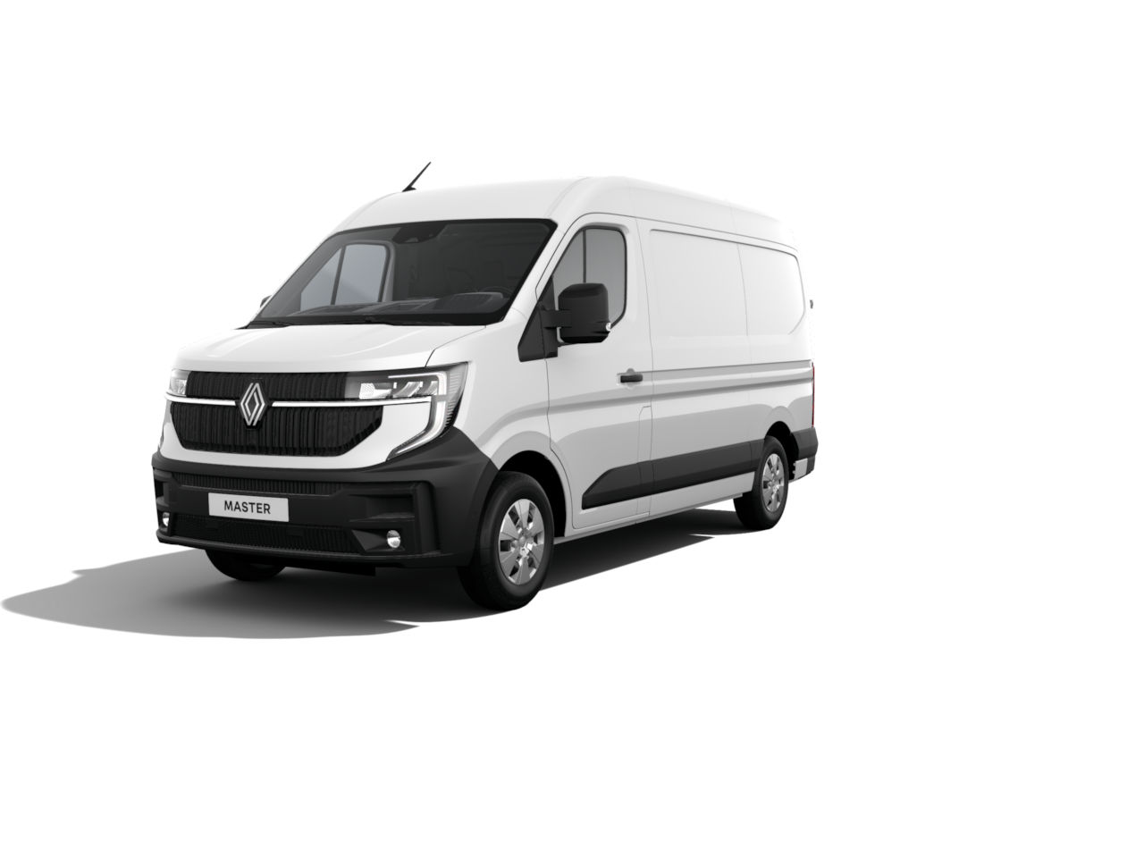 Weißer Renault Master Kleintransporter, frontal sichtbar, auf weißem Hintergrund.