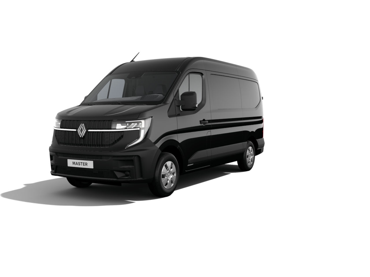 Schwarzer Renault Master Transporter, frontal von links, vor weißem Hintergrund.