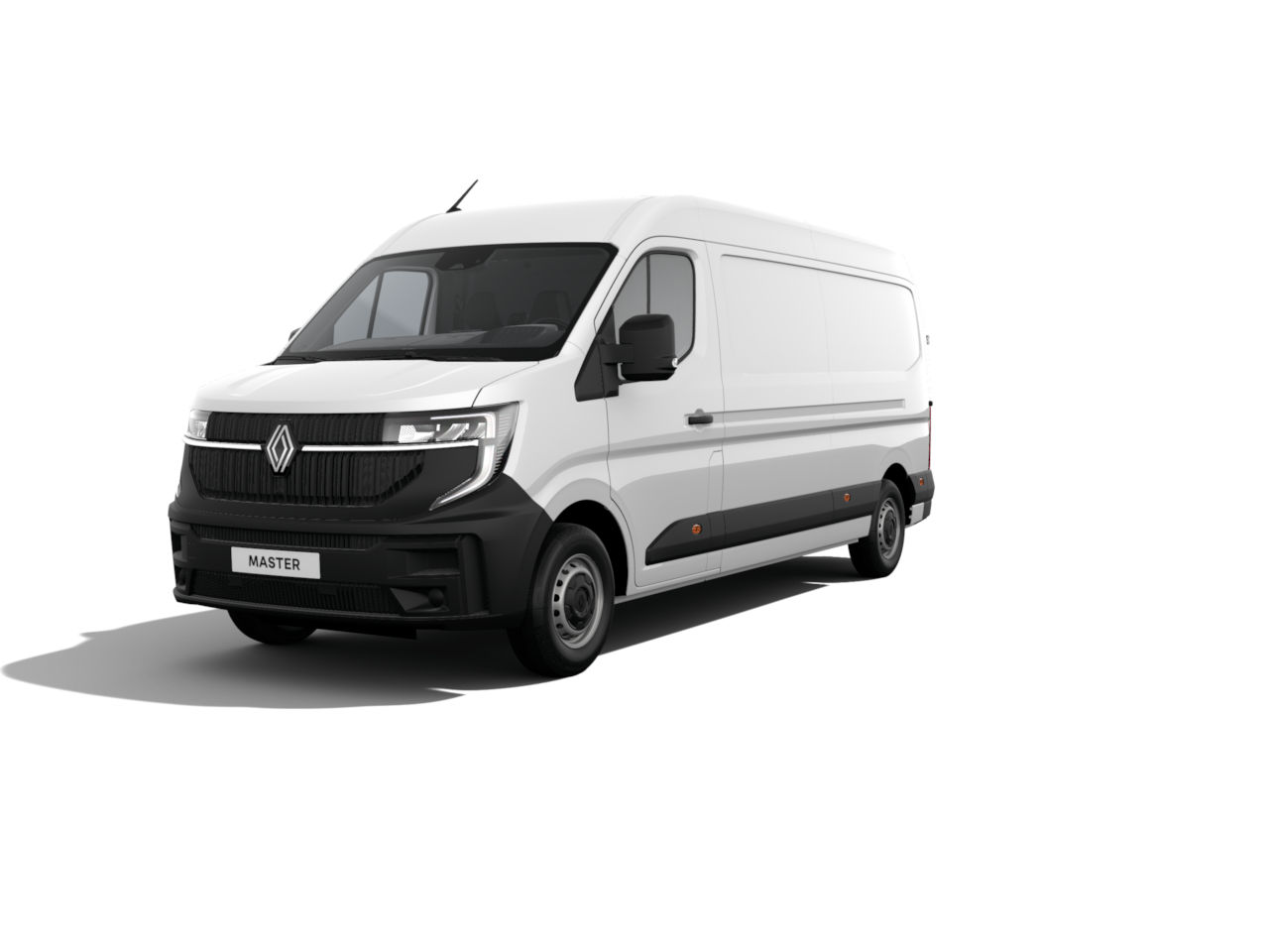 Weißer Transporter Renault Master steht frontal auf einem weißen Hintergrund.