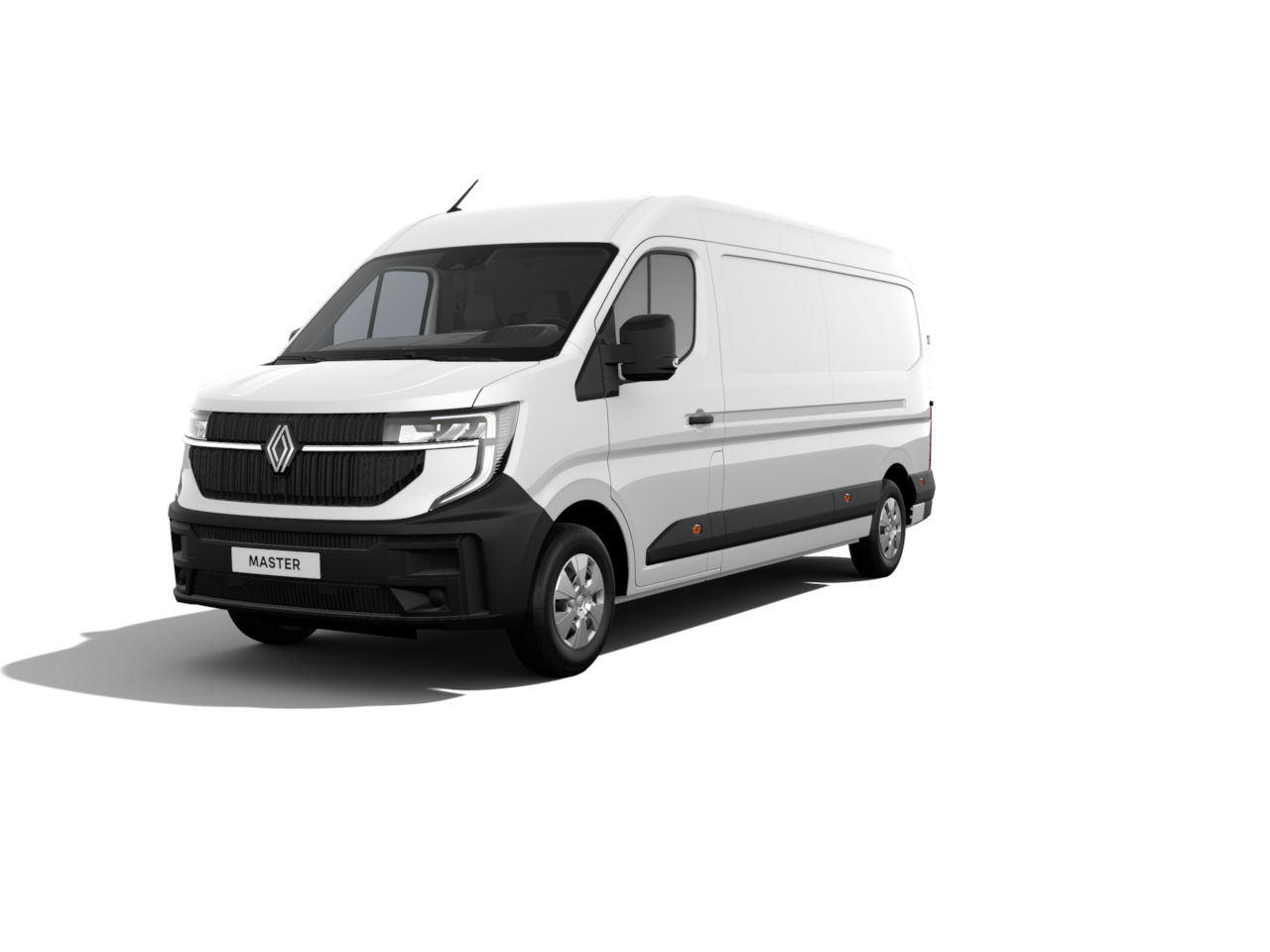 Weißer Renault Master Transporter, frontalansicht, mit grauen Akzenten, auf weißem Hintergrund.