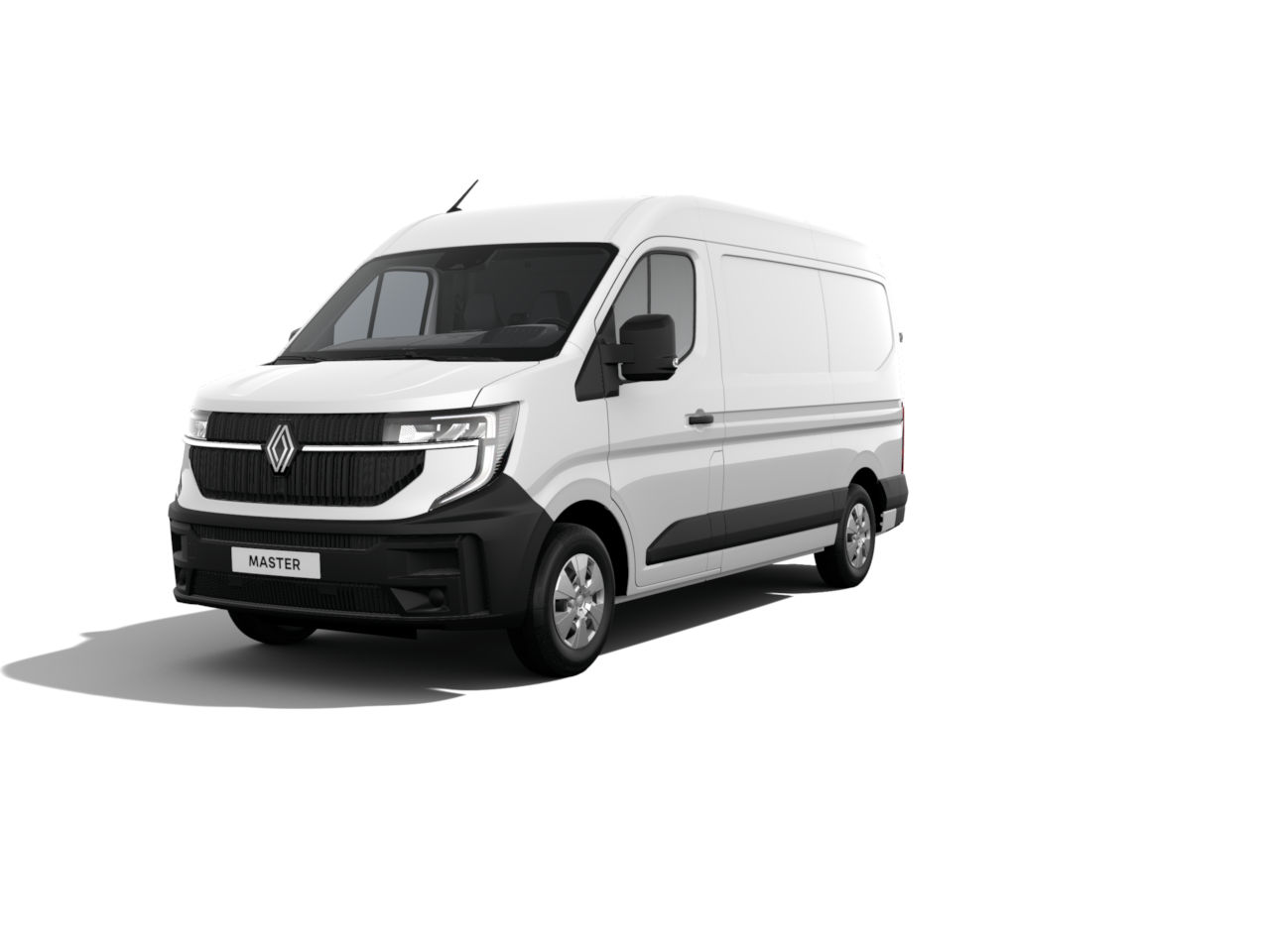 Renault Master Transporter in Weiß, Frontansicht, für gewerbliche Nutzung, modernes Design.