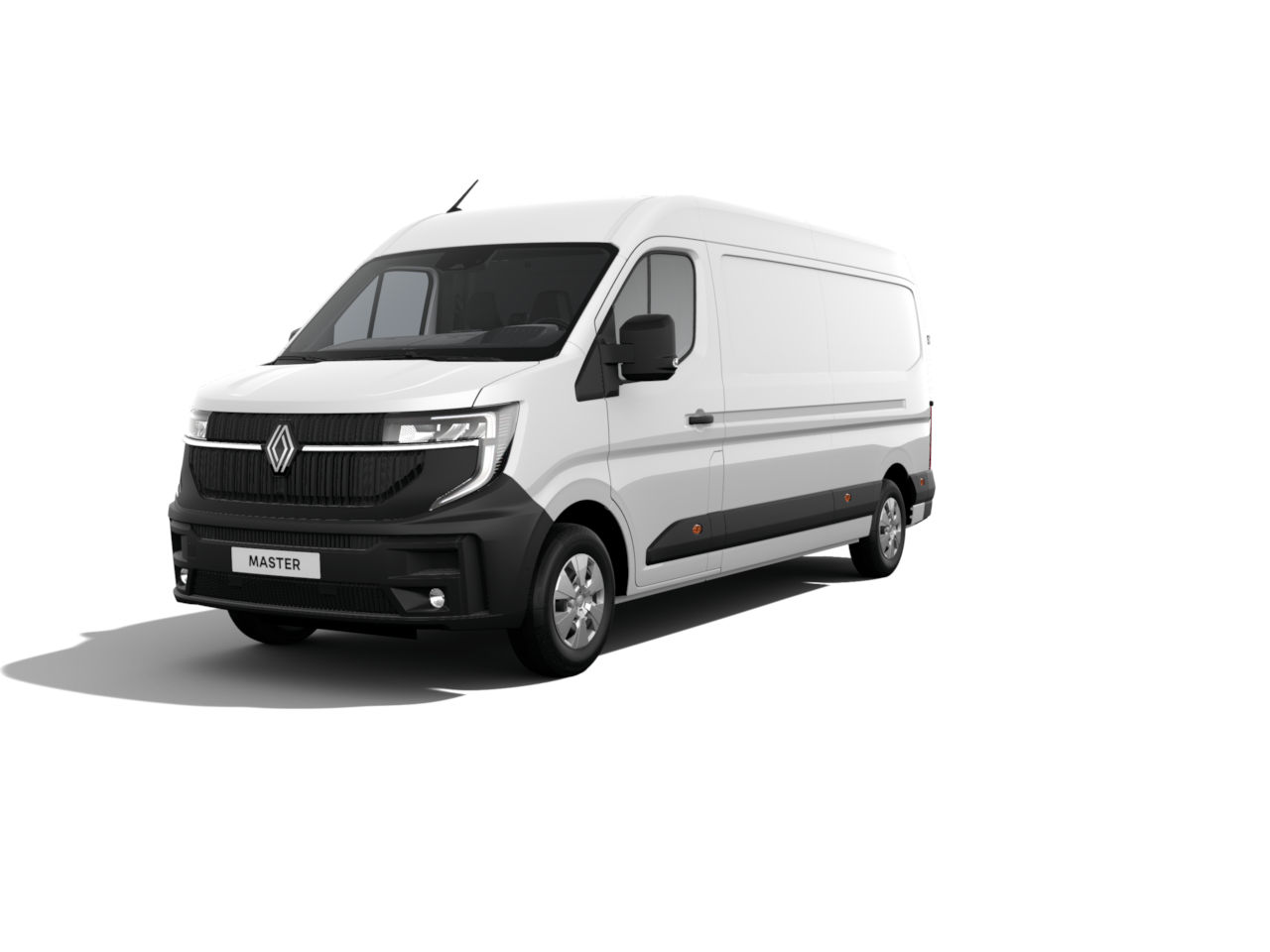 Weißer Renault Master Transporter mit schwarzem Frontgrill, seitlicher Sicht und Schattenwurf.