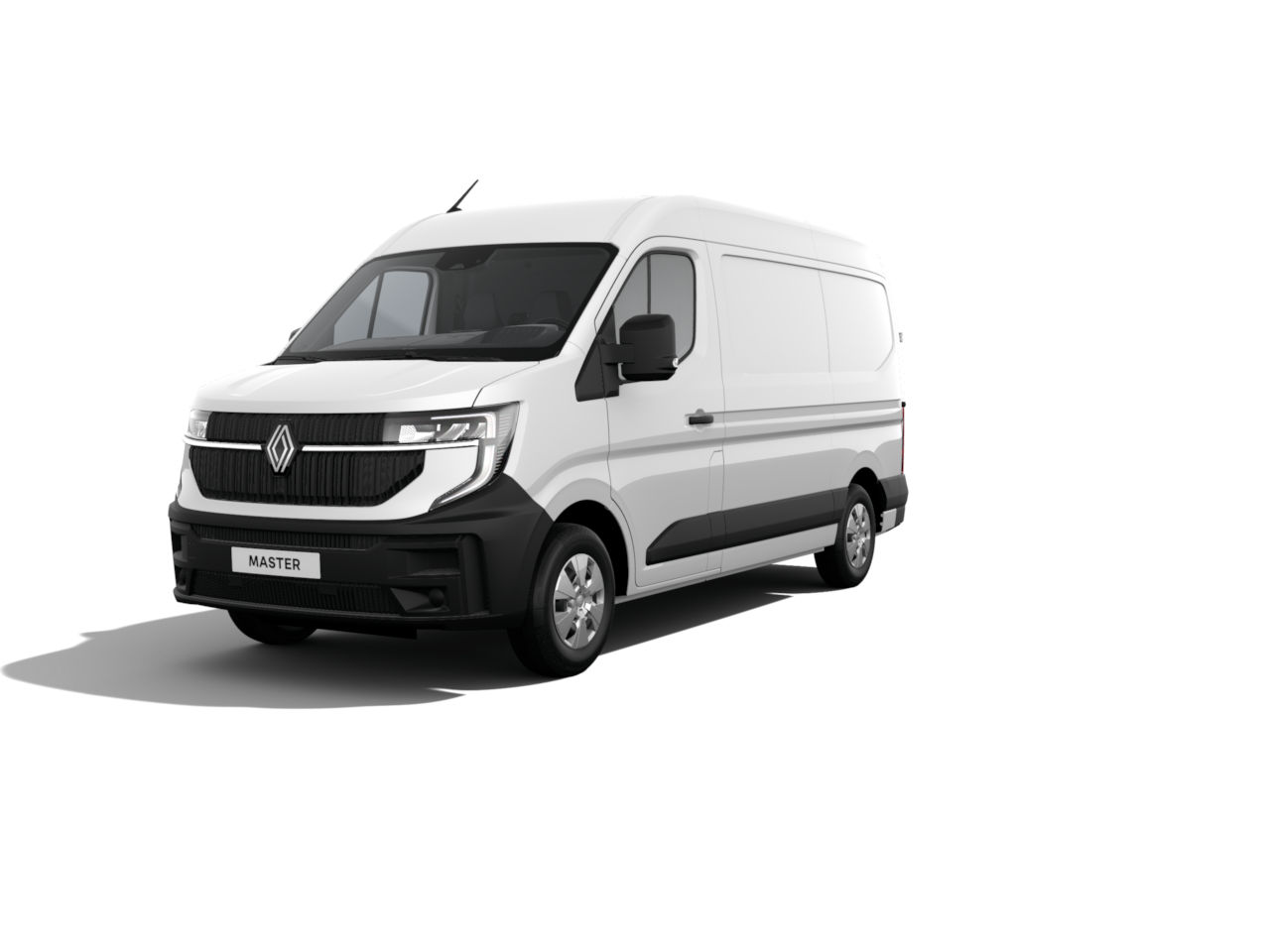 Weißer Renault Master Kastenwagen steht auf einer weißen Fläche, mit sichtbarem Logo und schattiertem Bereich.
