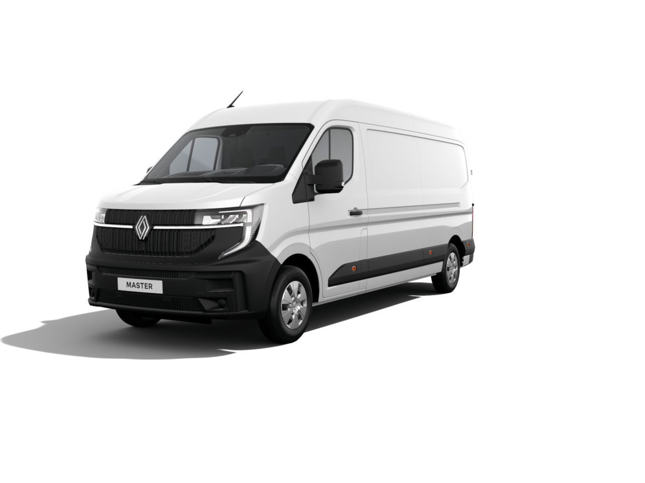 Weißer Renault Master Transporter mit schwarzem unteren Bereich, frontal aufgenommen.