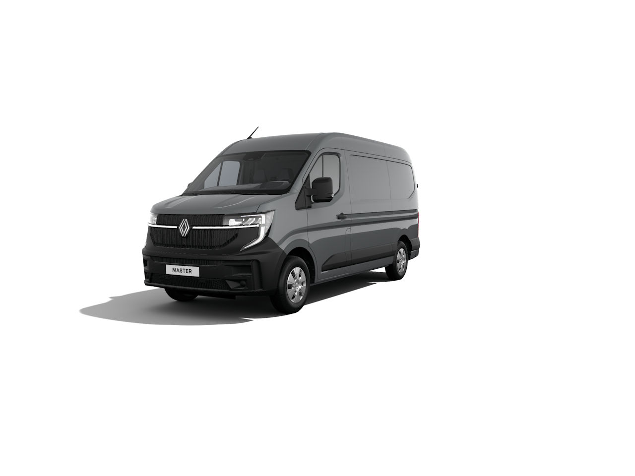 Ein grauer Renault Master Transporter, frontal und im rechten Winkel fotografiert, auf weißem Hintergrund.