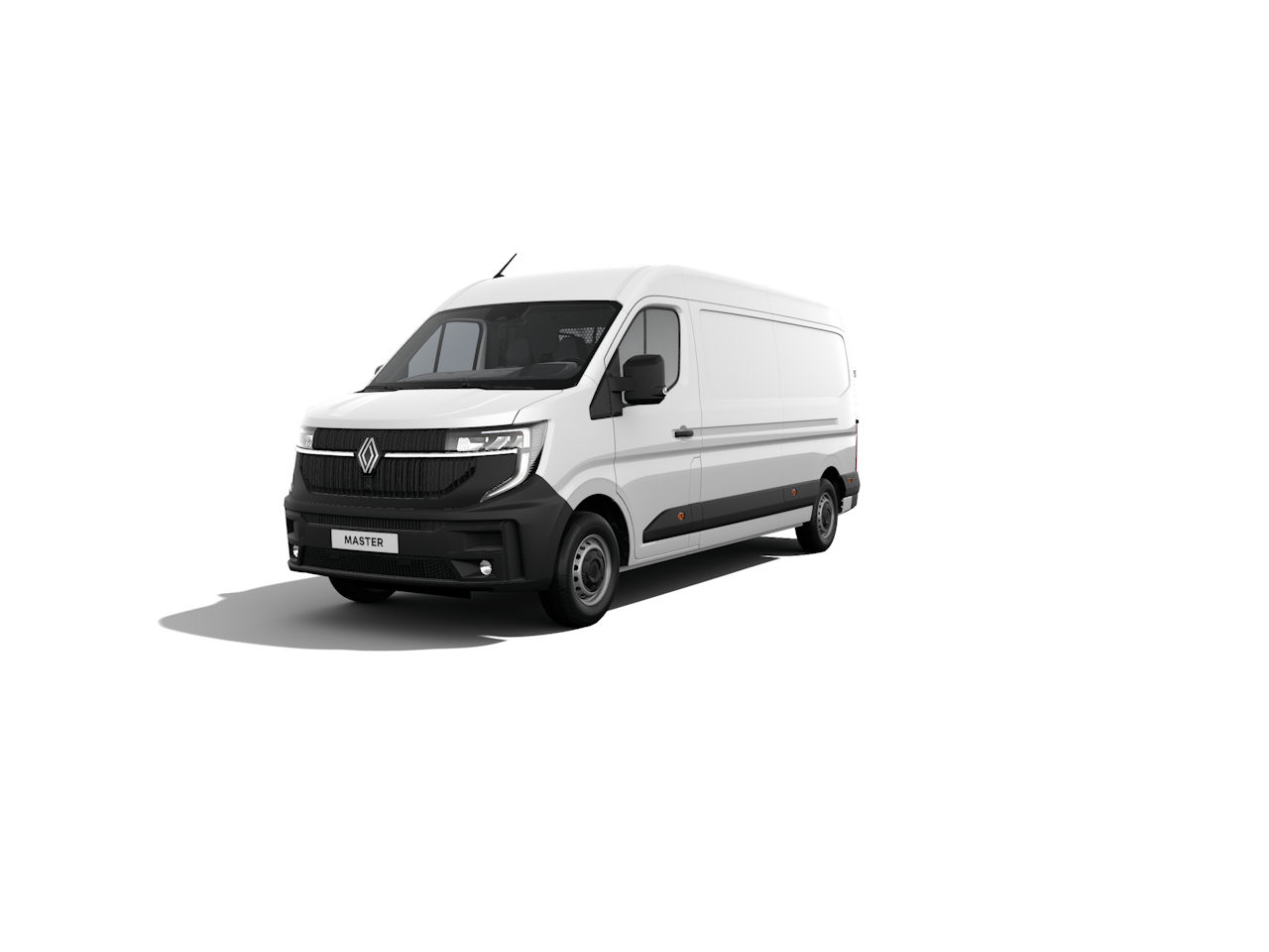 Ein weißer Renault Master Lieferwagen steht auf einem weißen Hintergrund.