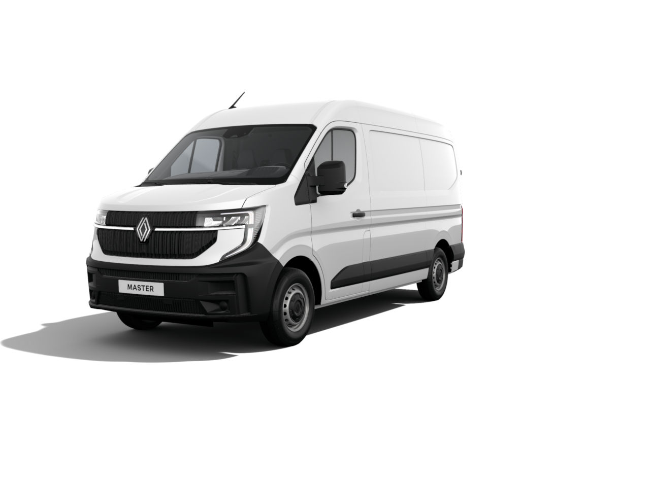 Weißer Renault Master Transporter, seitliche Sicht, mit schwarzem Unterbau, auf weißem Hintergrund.