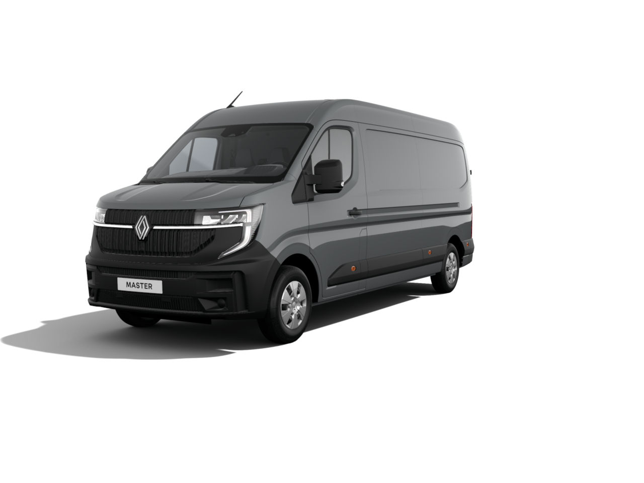 Dunkelgrauer Renault Master Transporter mit großen Laderaum und moderner Frontansicht.