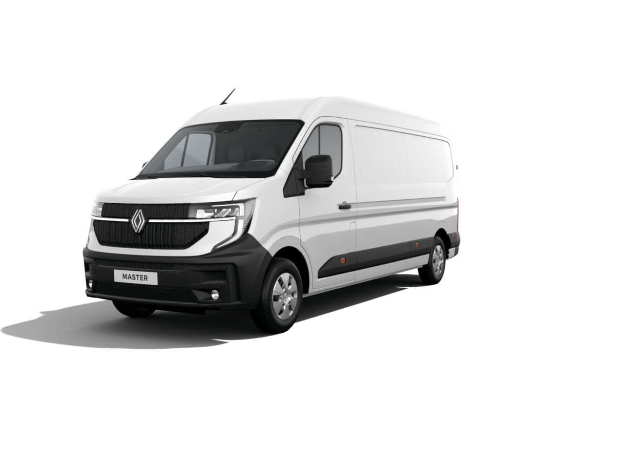 Weißer Renault Master Kastenwagen-Benzin, Frontansicht, moderne Transporter mit klaren Linien.