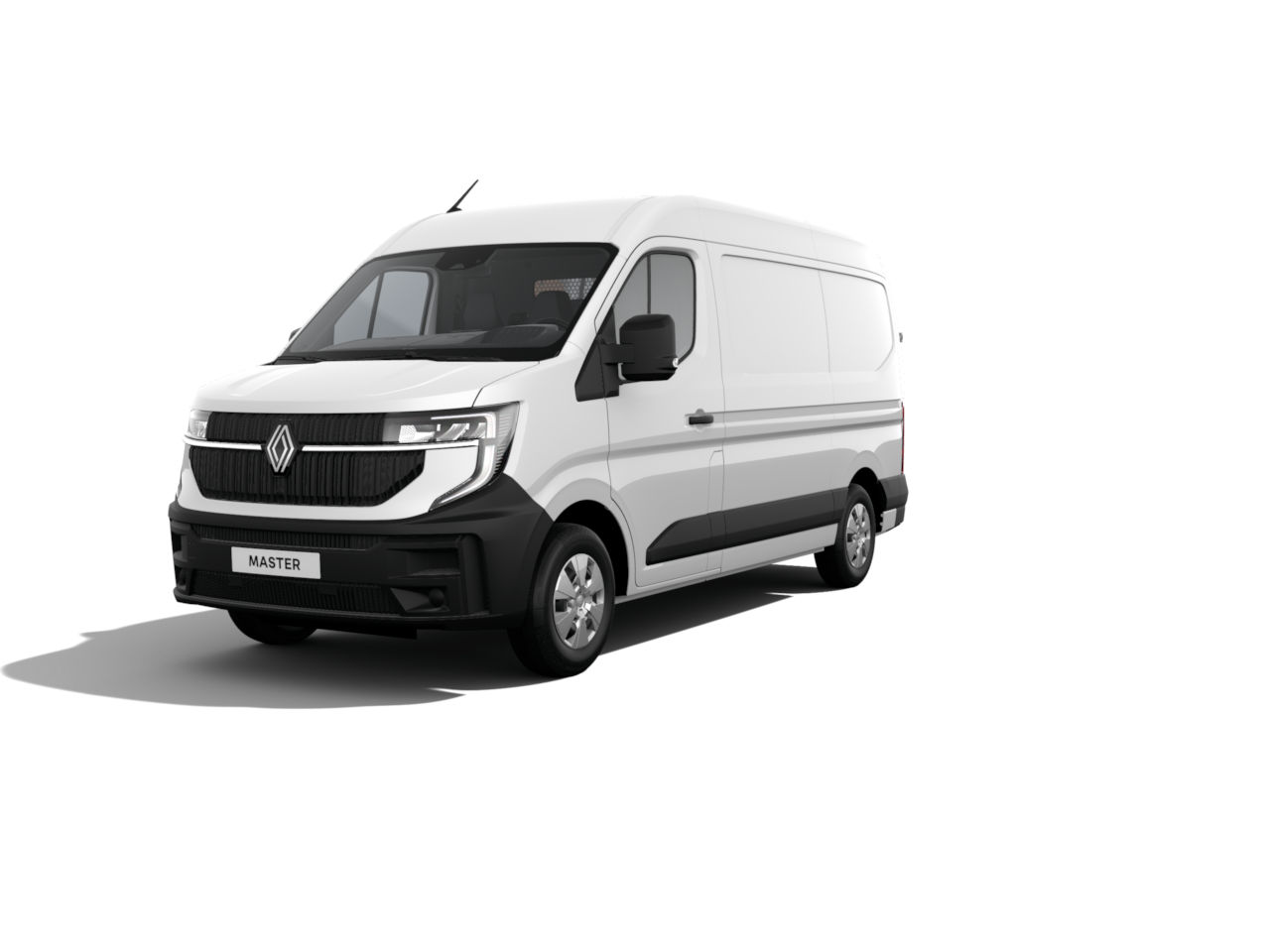 Weißer Lieferwagen Renault Master, Vorderansicht, auf weißem Hintergrund, für Transportzwecke geeignet.
