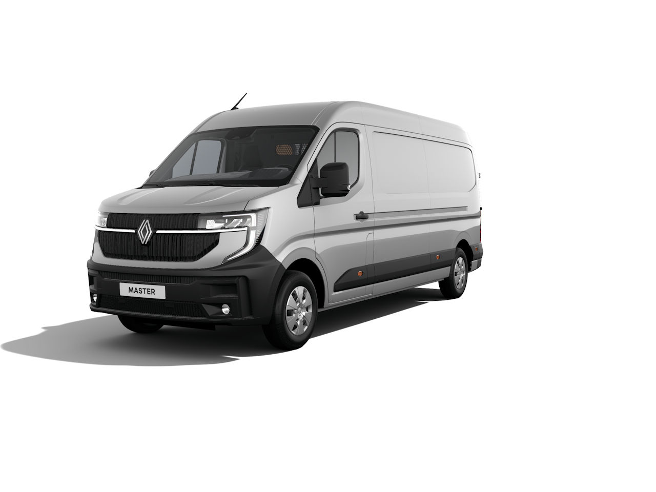 Ein silberner Renault Master Transporter steht auf einem weißen Hintergrund, mit ausgeprägtem Kühlergrill und großen Reifen.
