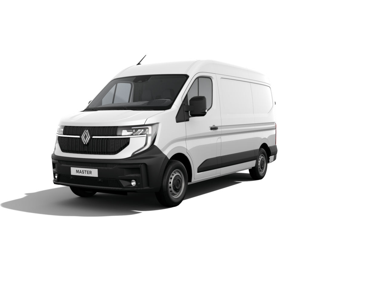 Ein weißer Renault Master Kastenwagen von vorne, mit modernem Design und schwarz-weißen Akzenten.