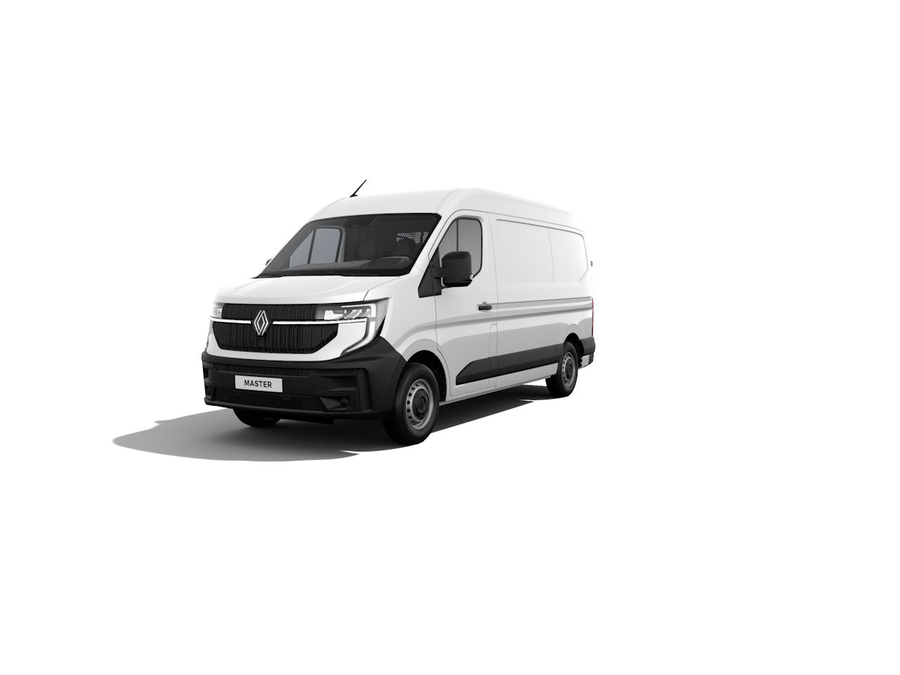 Weißer Renault Master Kleintransporter, frontal dargestellt, auf neutralem Hintergrund. Ideal für Transport und Lieferungen.